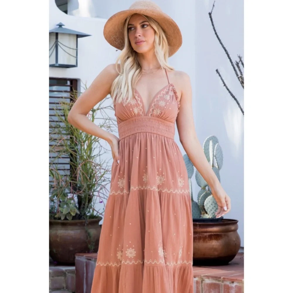 Sandstone Embroidered Floral Smocked Waist Gauze Summer Casual Halter Dress - Picture 5 of 7